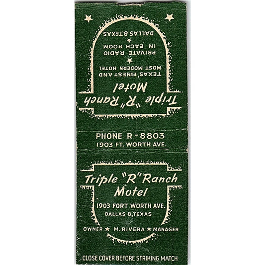 Triple R Ranch Motel Dallas TX M. Rivera Vintage Matchbook Cover SF3-Y1