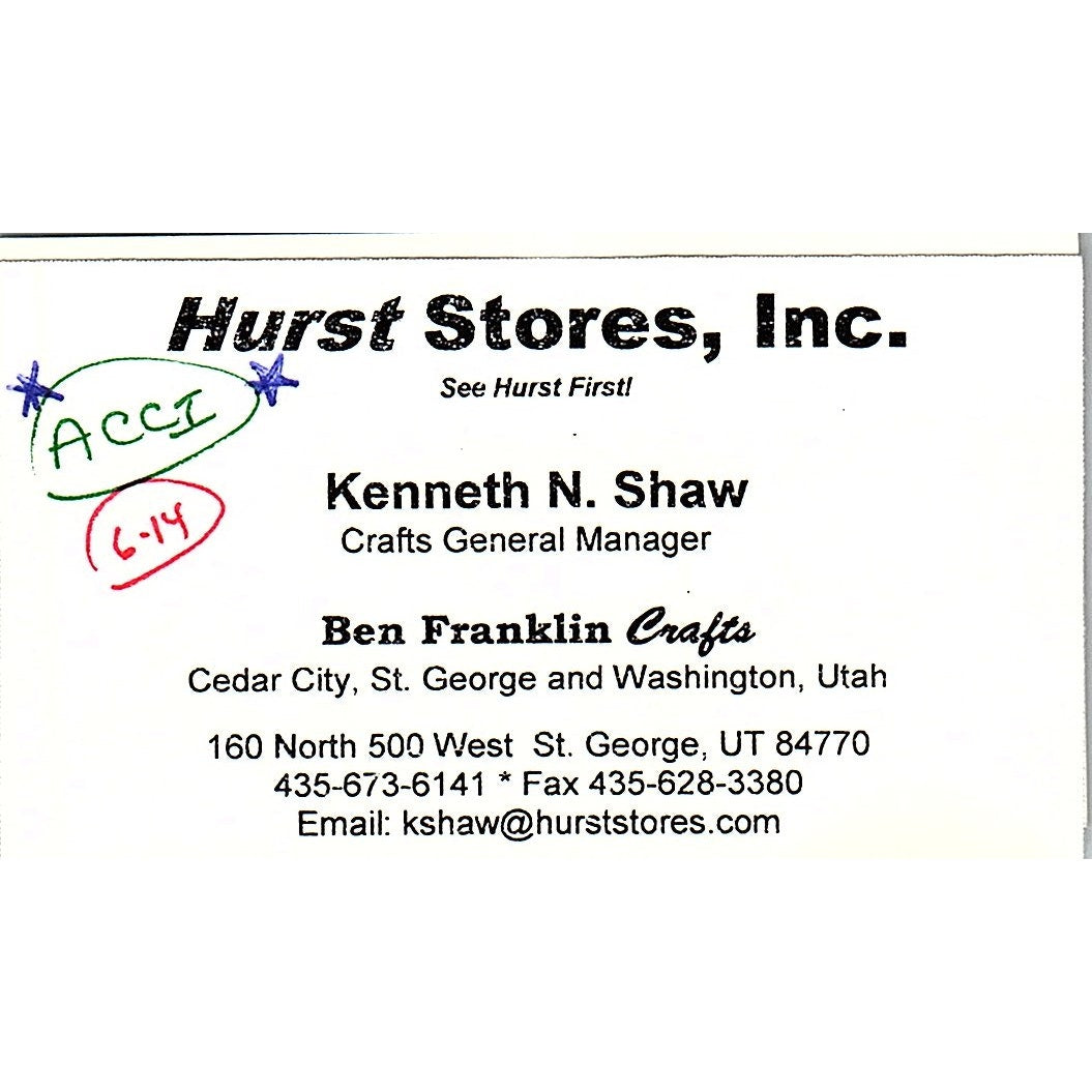 Hurst Stores Kenneth N Shaw Ben Franklin Crafts St. George Business Card SC9-B10