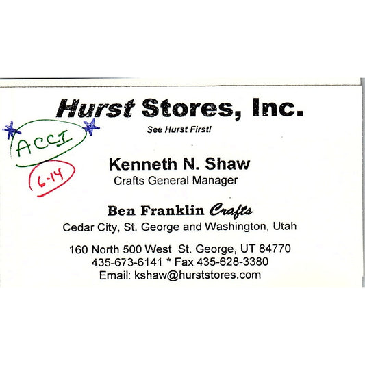 Hurst Stores Kenneth N Shaw Ben Franklin Crafts St. George Business Card SC9-B10