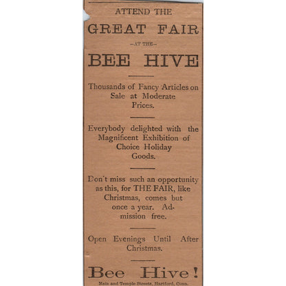 Great Fair at the Bee Hive Main & Temple Sts. 1886 Hartford Victorian Ad AB8-HT1