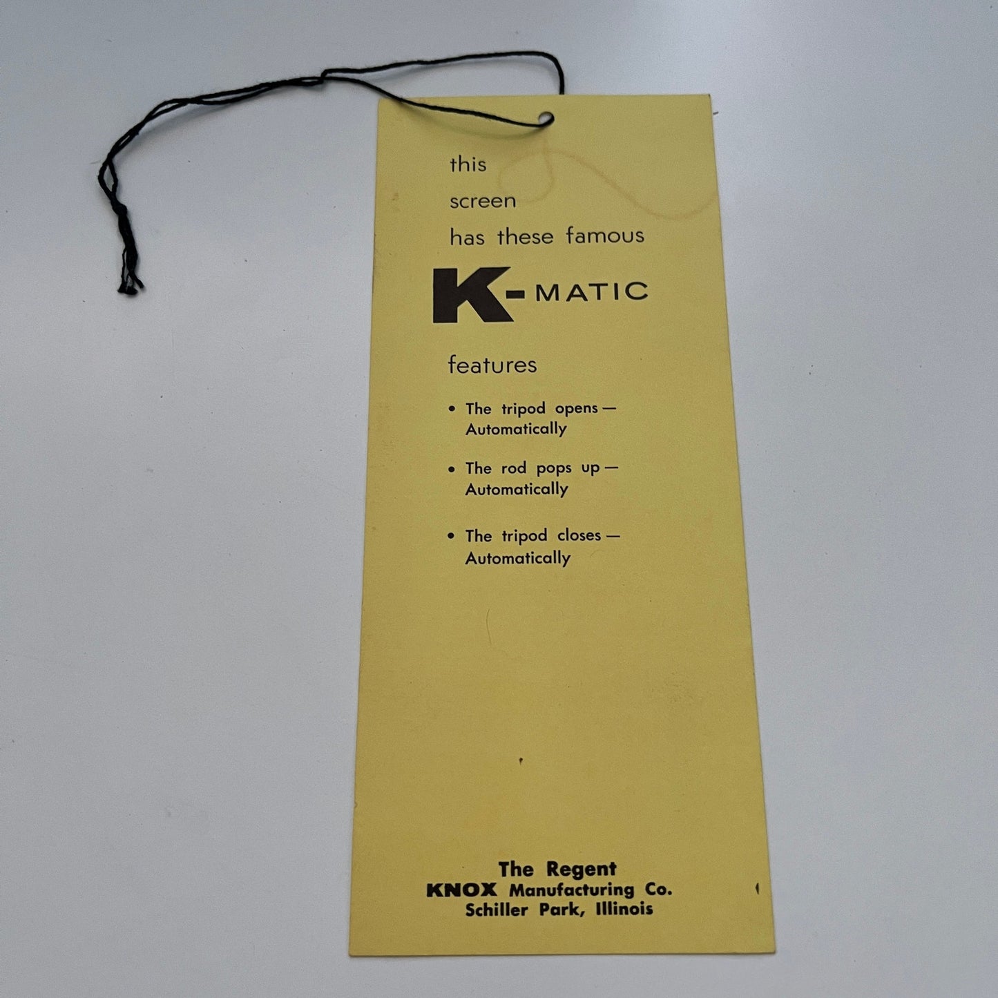 K-Matic Automatic Screen Knox Mfg Co Schiller Park IL Showroom Hang Tag AG5-1