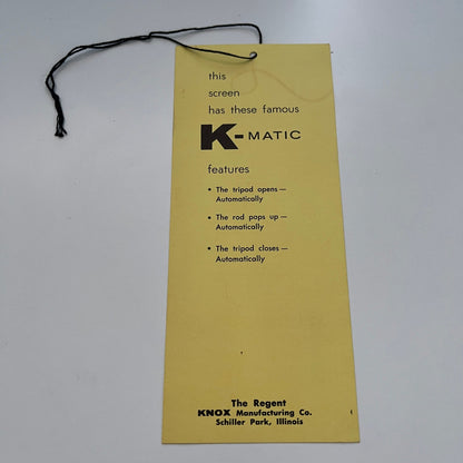 K-Matic Automatic Screen Knox Mfg Co Schiller Park IL Showroom Hang Tag AG5-1