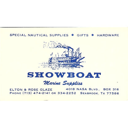 Showboat Marine Supplies Elton & Rose Glaze Seabrook TX Business Card SD9-B12