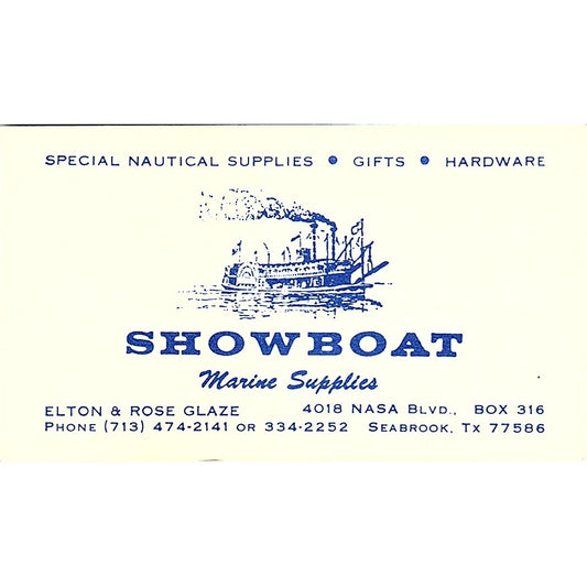 Showboat Marine Supplies Elton & Rose Glaze Seabrook TX Business Card SD9-B12