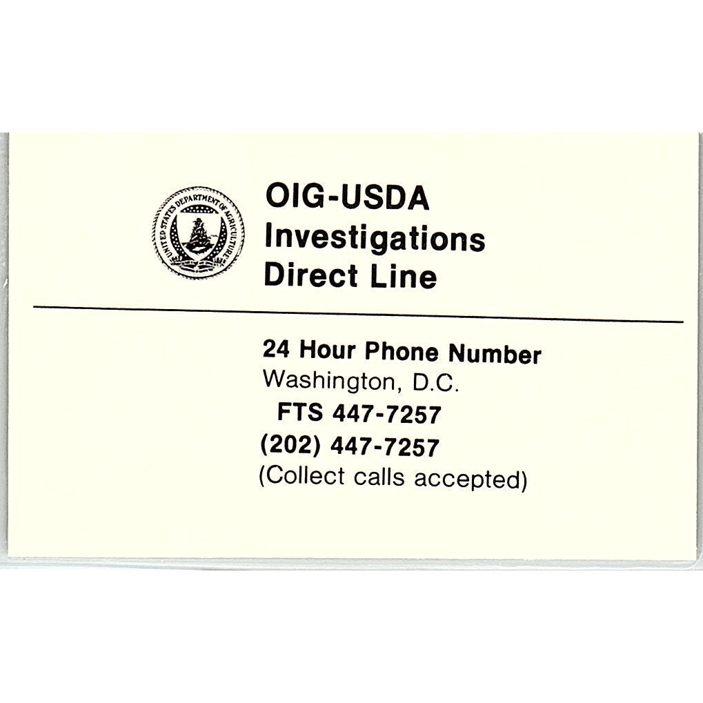 OIG-USDA Investigations Washington DC Vintage Business Card SC9-B4