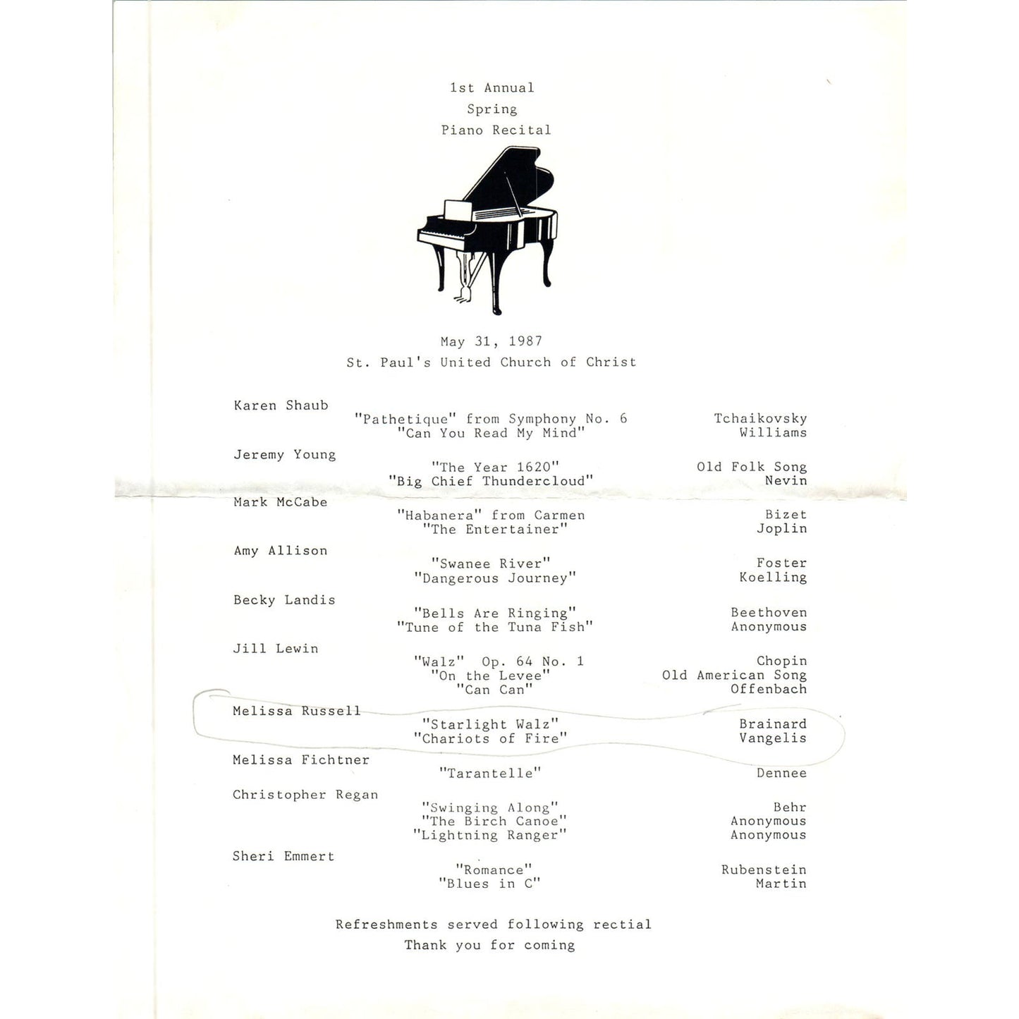 1987 St Paul's United Church of Christ Piano Recital Program Millersville PA AE5
