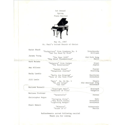 1987 St Paul's United Church of Christ Piano Recital Program Millersville PA AE5