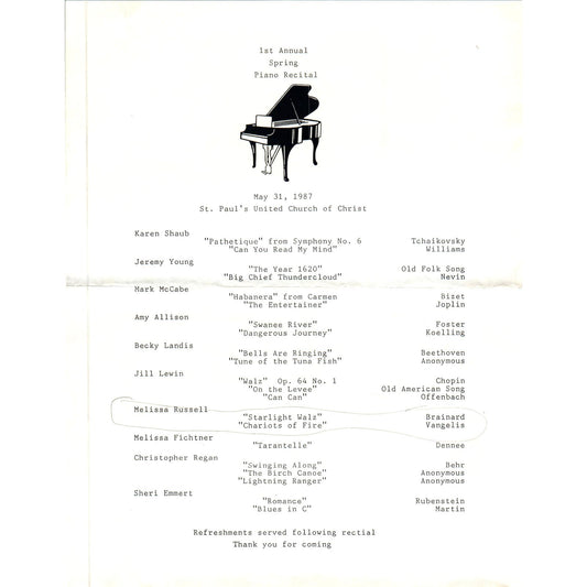 1987 St Paul's United Church of Christ Piano Recital Program Millersville PA AE5