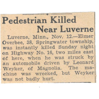 Elmer Overbee Luverne MN Car Accident 1935 Minneapolis Article AE7-H3