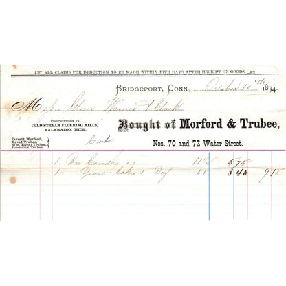 1874 Morford & Trubee Bridgeport CT Receipt Letterhead D24