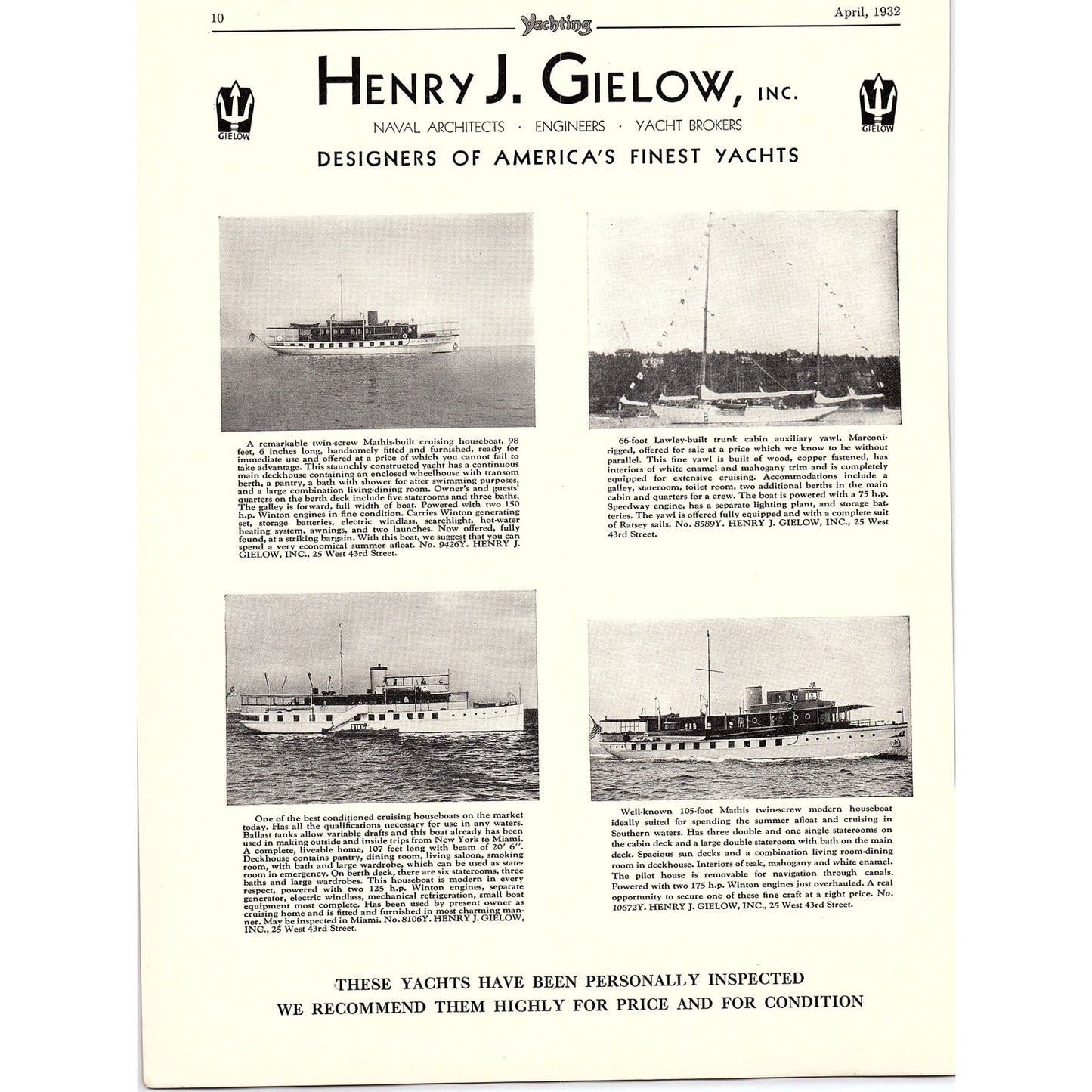 Henry J. Gielow Inc Designers of America's Finest Yachts 1932 Ad AG2-2