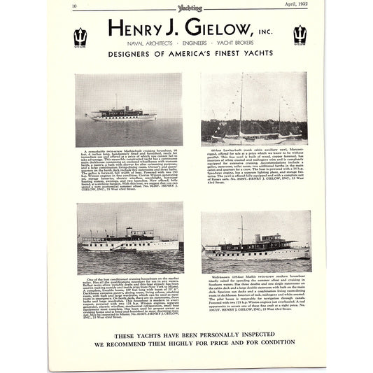 Henry J. Gielow Inc Designers of America's Finest Yachts 1932 Ad AG2-2