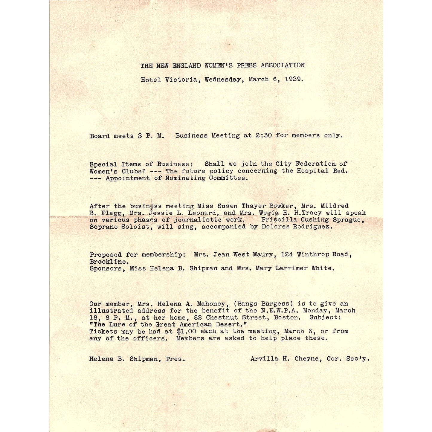 1929 Original Letter New England Women's Press Association Arvilla Cheyne AF3-17