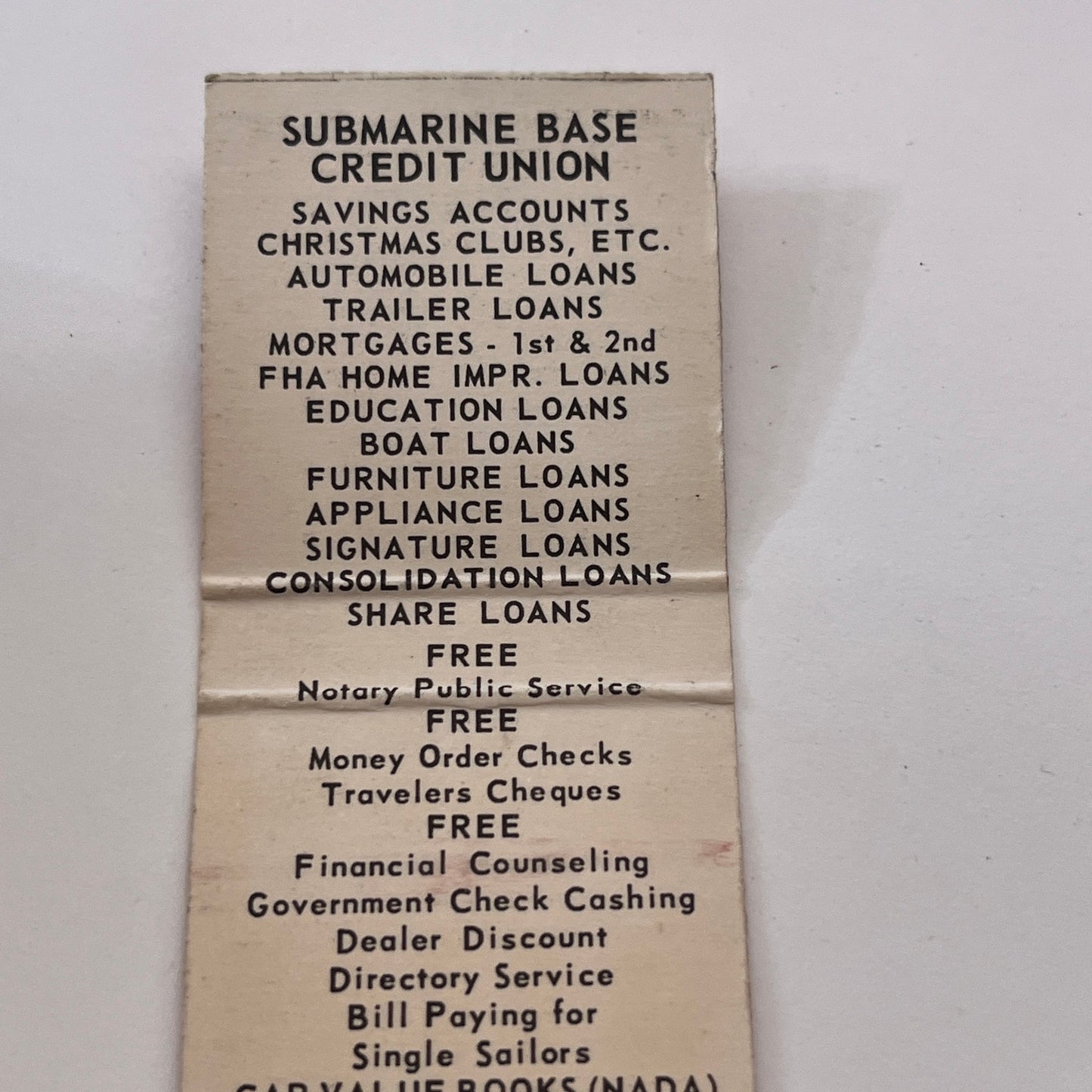 The Submarine Base Credit Union Groton CT Vintage Matchbook Cover TB8-MB-9