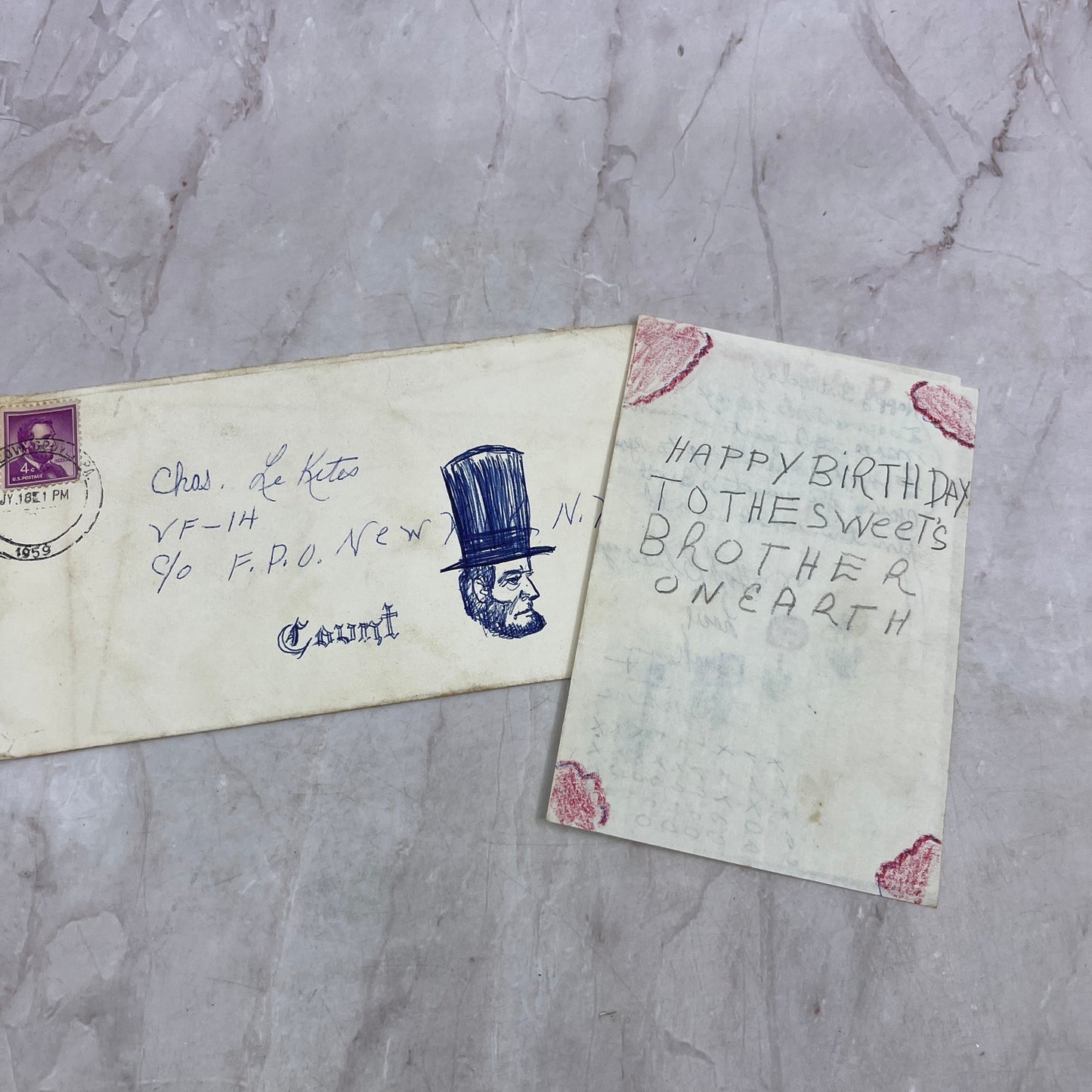 1959 Hand Drawn 21st Birthday Card Chas Le Kites NY From Younger Sibling TJ5-E2