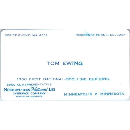 1944 Tom Ewing Northwestern National Life Minneapolis MN Business Card AE2