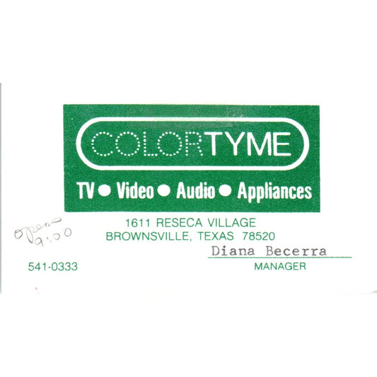 Diana Becerra Brownsville TX ColorTyme Rent to Own Vintage Business Card SD8-B5