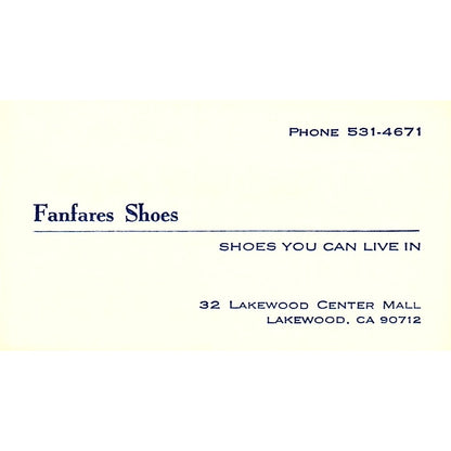 Fanfares Shoes Lakewood CA Vintage Business Card SB4-B7