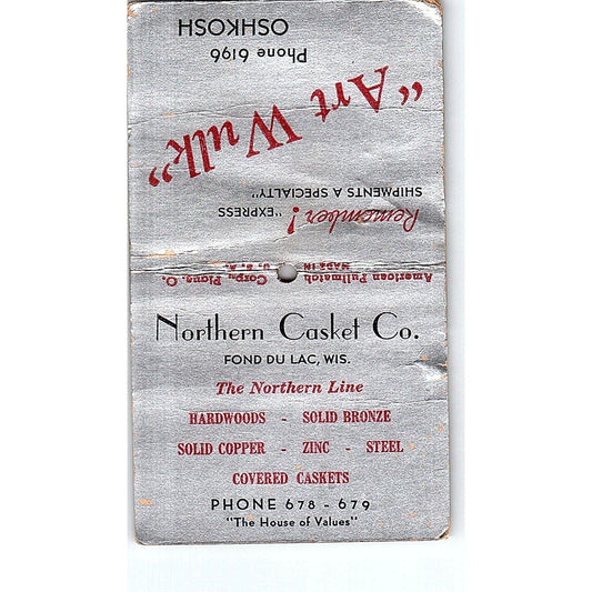 Northern Casket Co Art Wulk Fond Du Lac WI Vintage Matchbook Cover SF3-Y4