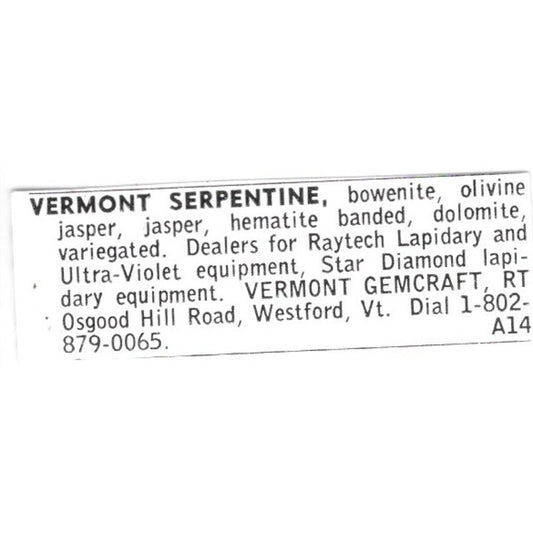 Vermont Gemcraft Serpentine Westford VT 1972 Ad AF8-S17