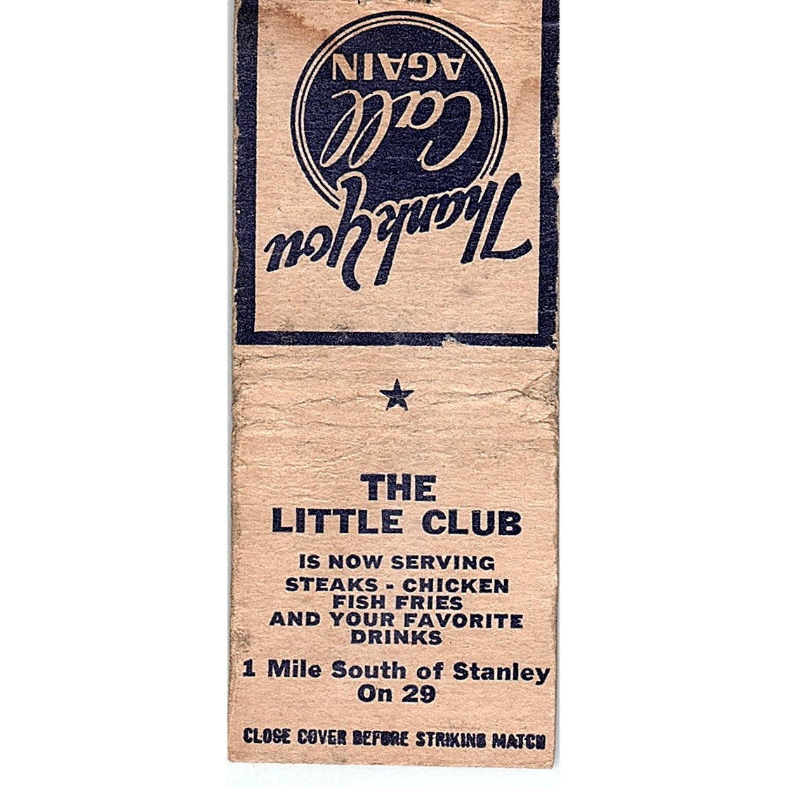 The Little Club Stanley WI Hwy 29 Vintage Matchbook Cover SC7-Y5