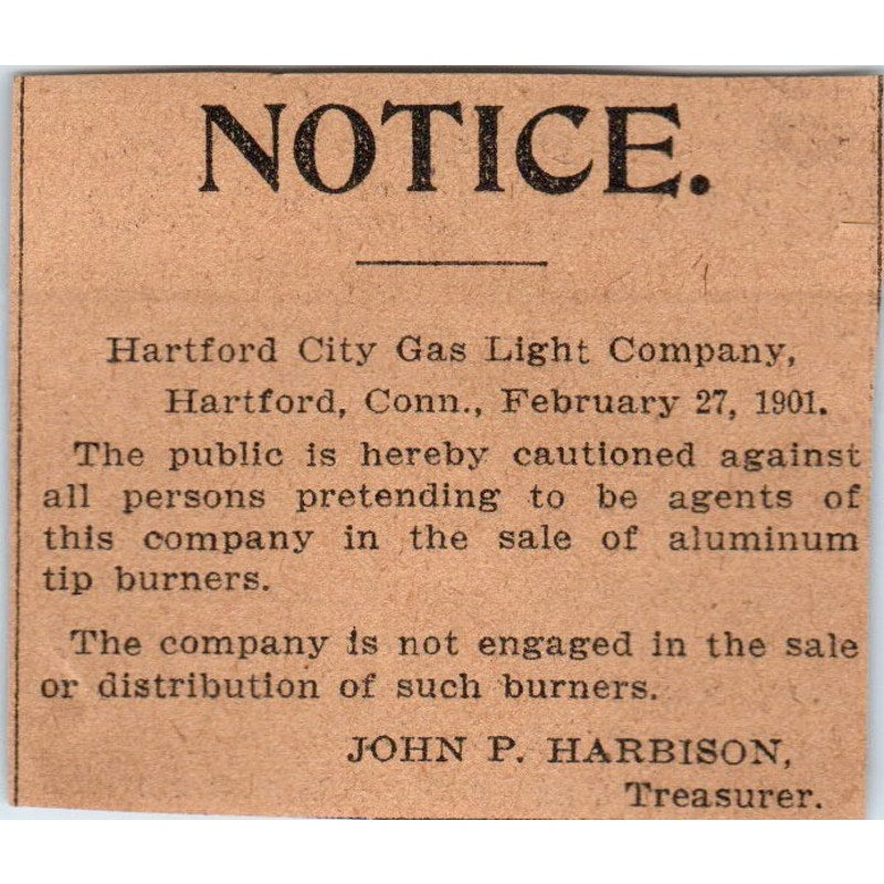 Hartford City Gas Light Co John P. Harrison Hartford 1901 Newspaper Ad AD8-HS3