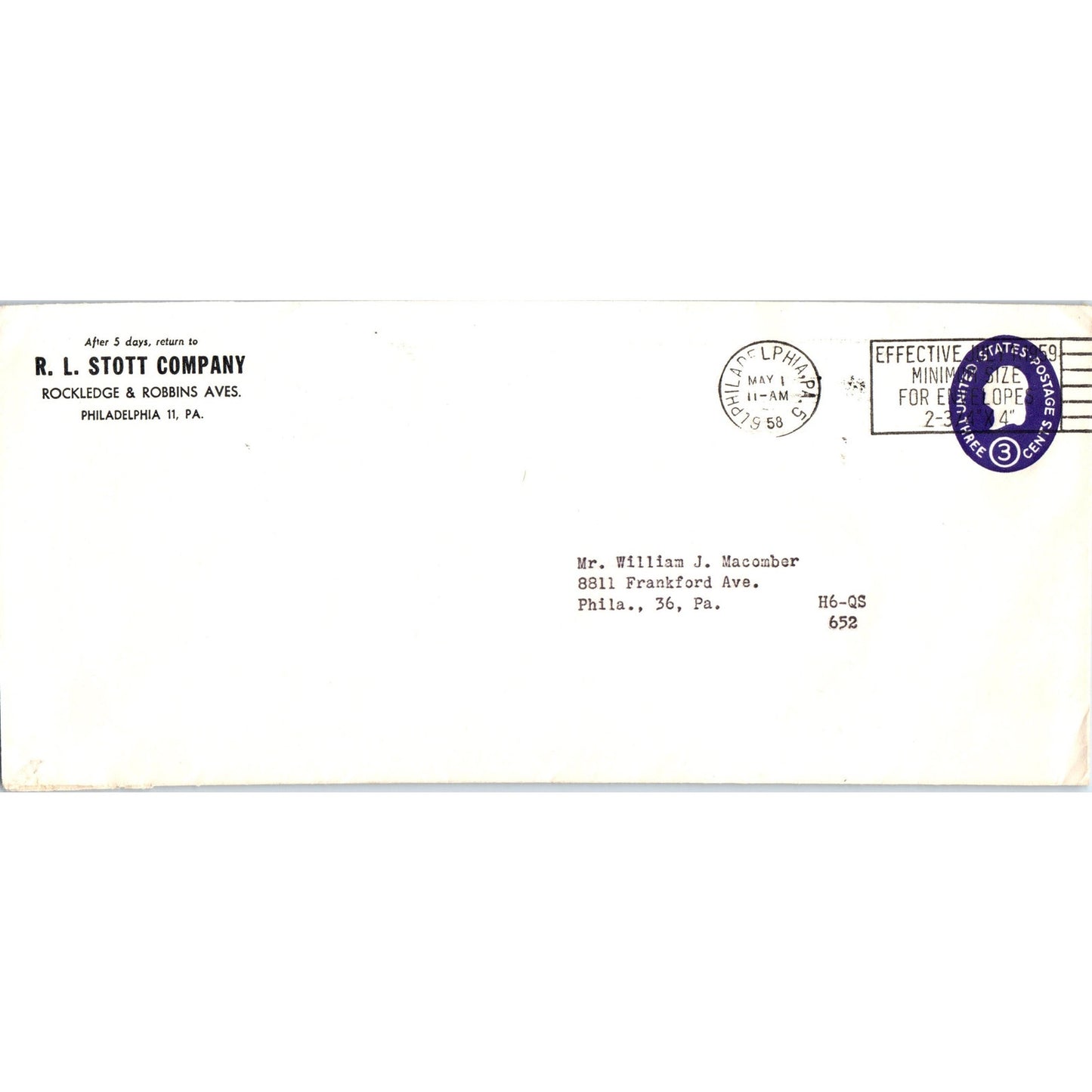 1958 R.L. Stott Company - William J. Macomber Philadelphia Envelope TH9-L2