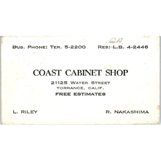 Coast Cabinet Shop L. Riley R. Nakashima Torrance Vintage Business Card SD8-B13