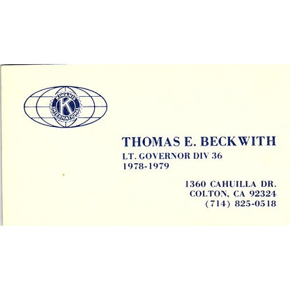 Kiwanis International Thomas E. Beckwith Colton CA Vintage Business Card SB4-B2