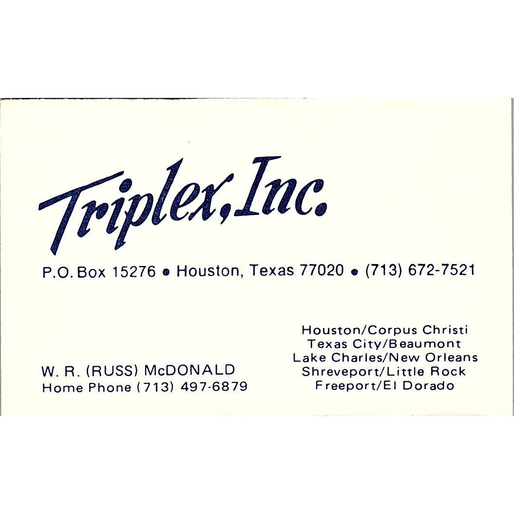 Triplex Inc W.R. Russ McDonald Houston Vintage Business Card SE5-B3