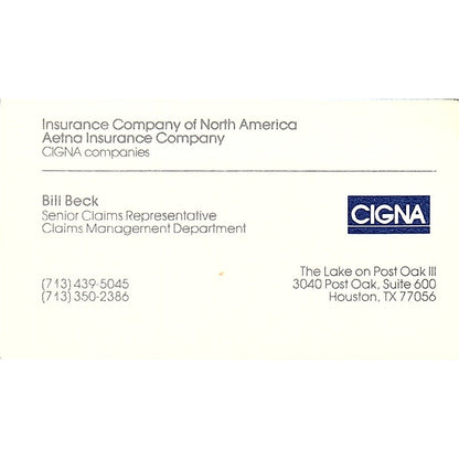 Bill Beck Cigna Ins Co Houston TX Vintage Business Card SE3-B15