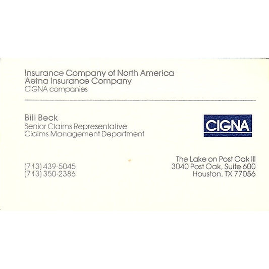 Bill Beck Cigna Ins Co Houston TX Vintage Business Card SE3-B15