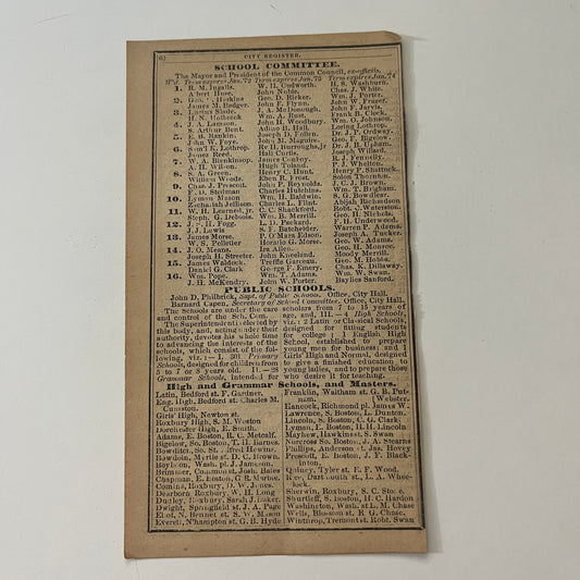 Boston School Committee Listings 1871 Boston Almanac Clipping SAI2-H4