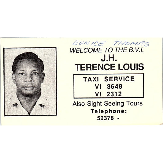 The B.V.I. J.H. Terence Louis Eunice Thomas Taxi Service Business Card SB4-B6