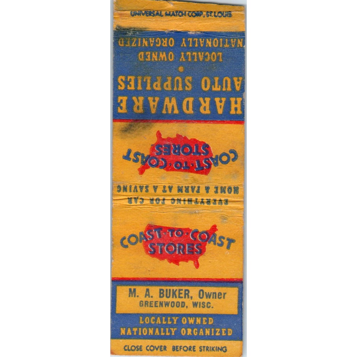 Coast to Coast Stores M.A. Buker Greenwood WI Vintage Matchbook Cover SD4-Y5