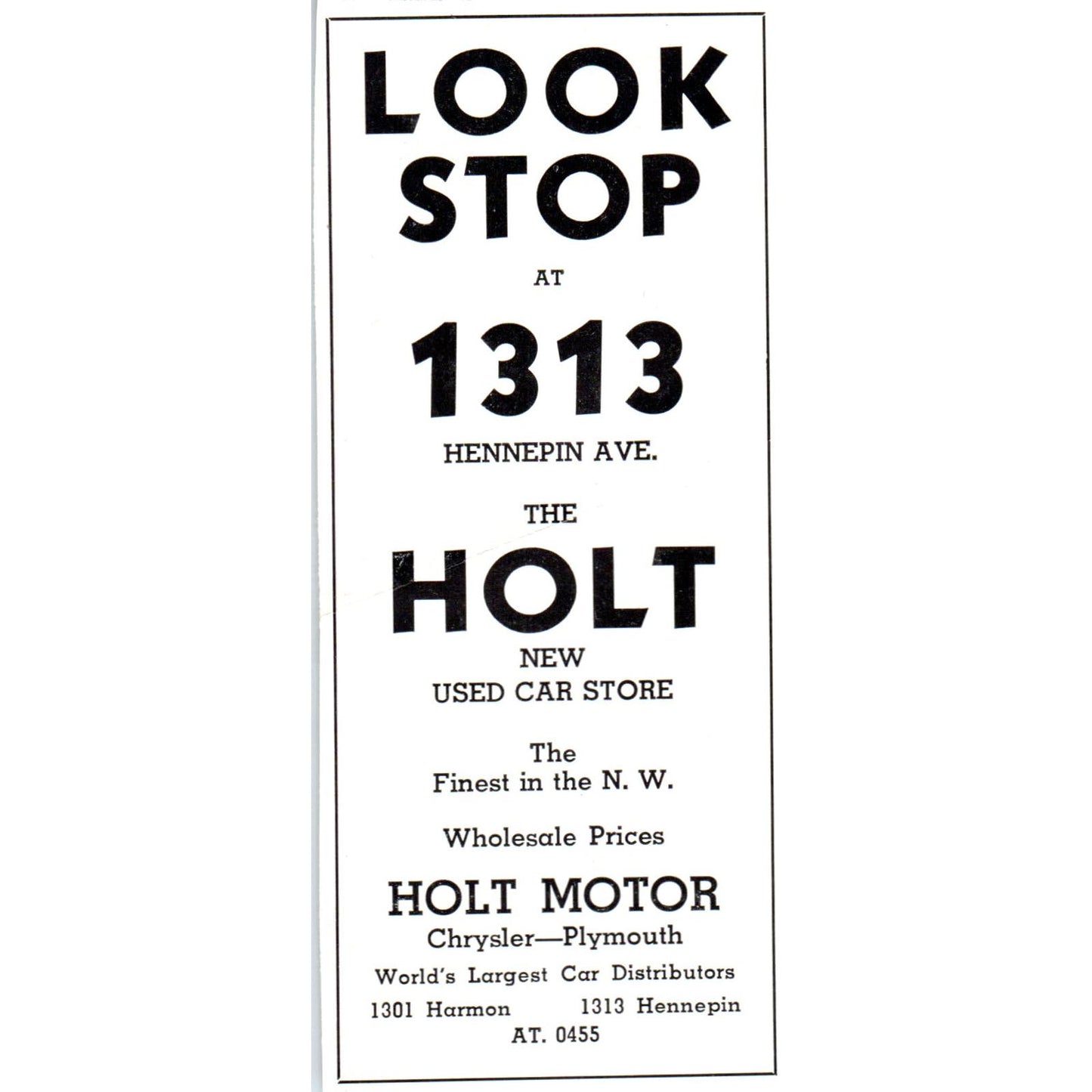 Holt New Used Car Store Chrysler Plymouth Minneapolis MN 1940 Magazine Ad AF1-OM