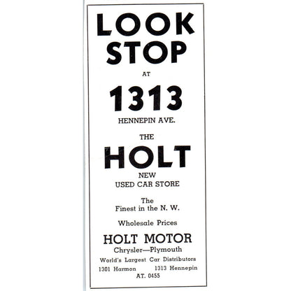 Holt New Used Car Store Chrysler Plymouth Minneapolis MN 1940 Magazine Ad AF1-OM