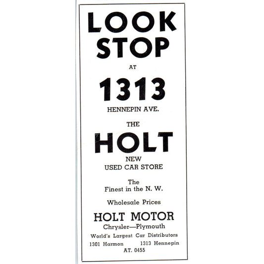 Holt New Used Car Store Chrysler Plymouth Minneapolis MN 1940 Magazine Ad AF1-OM