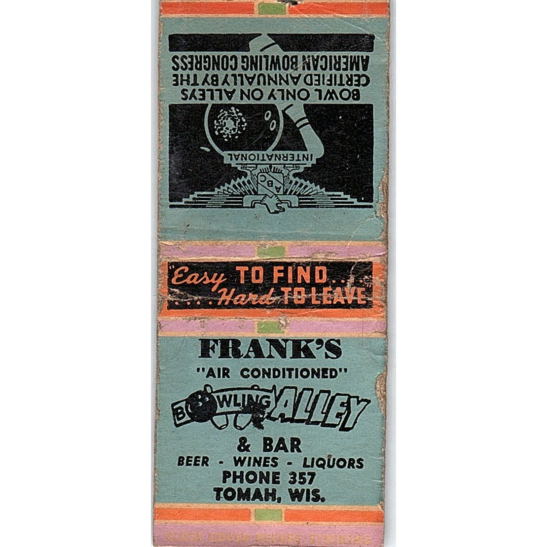 Frank's Bowling Alley Tomah WI Vintage Matchbook Cover SC7-Y8