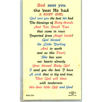 Laminated New Baby Girl Vintage Catholic Prayer Card TH2-PC1