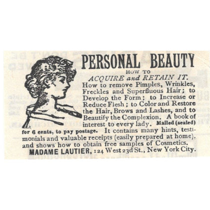 Madame Lautier Personal Beauty New York City c1890 Victorian Ad AE8-CH11