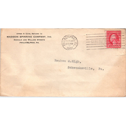 1921 Madison Spinning Co Philadelphia PA Postal Cover Envelope TG7-PC1
