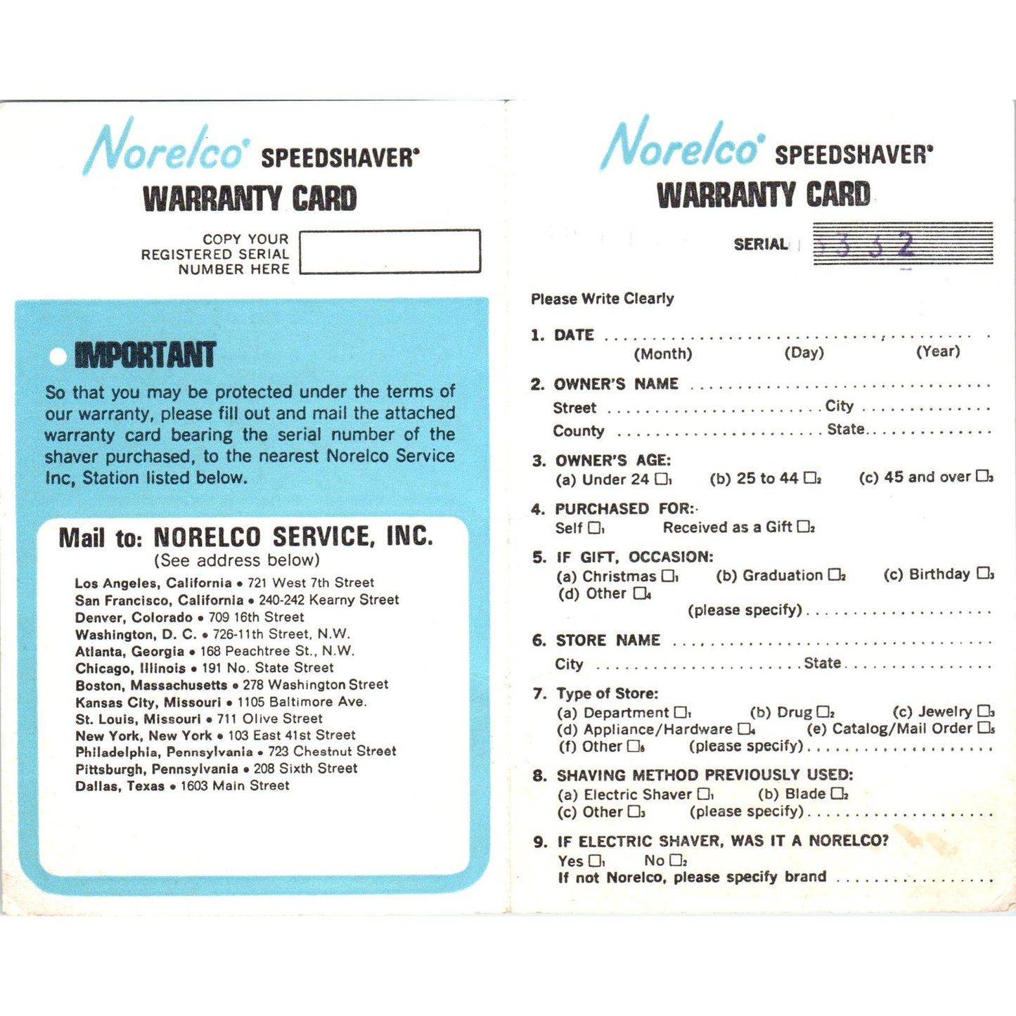 Vintage Norelco Speedshaver Warranty Card Blank AF1-RR1