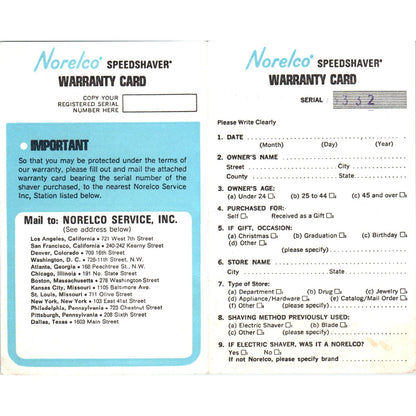 Vintage Norelco Speedshaver Warranty Card Blank AF1-RR1