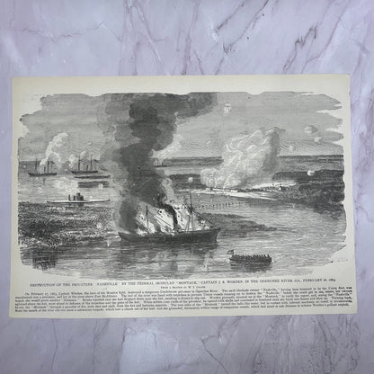 Destruction of Privateer Nashville by Montauk Capt JR Worden Engraving V14-6