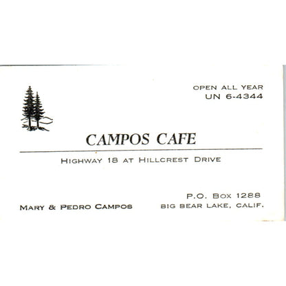 Mary & Pedro Campos Cafe Big Bear Lake CA Vintage Business Card SD8-B7