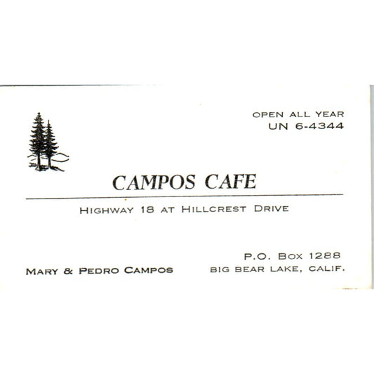 Mary & Pedro Campos Cafe Big Bear Lake CA Vintage Business Card SD8-B7