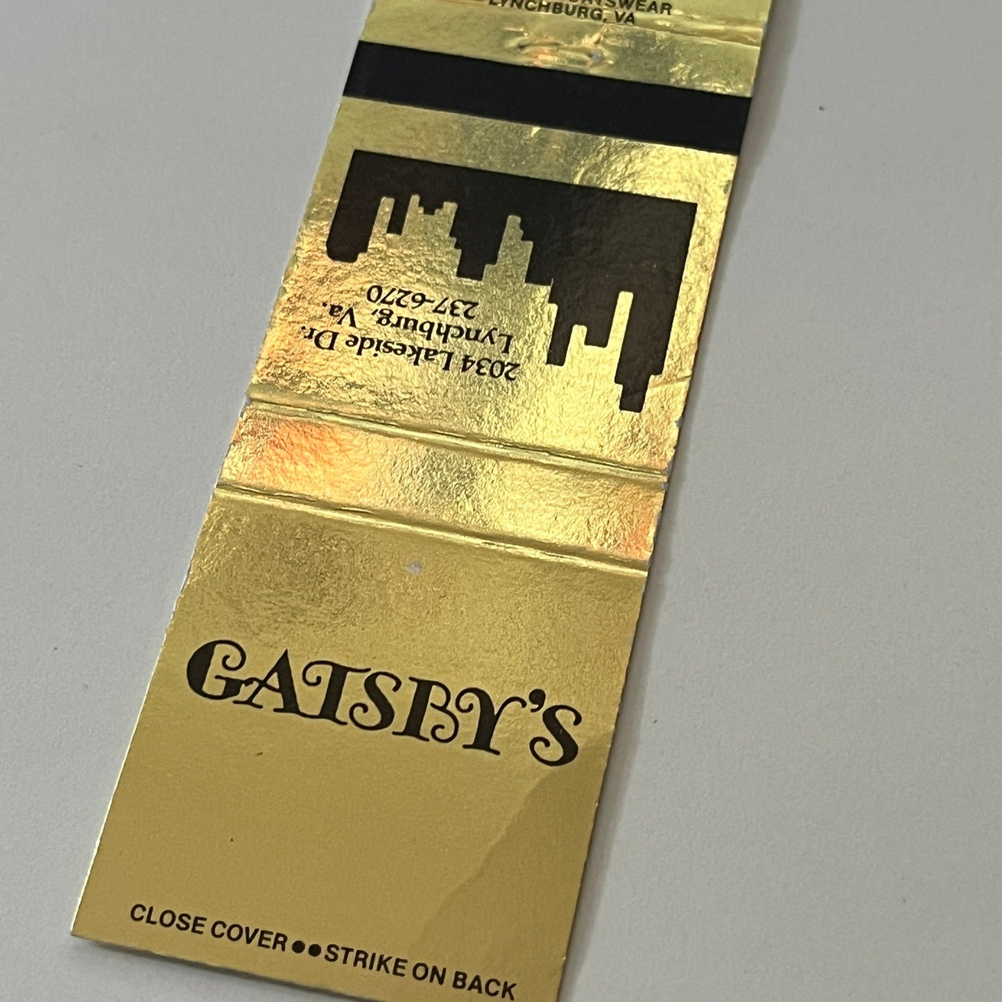 Gatsby's Restaurant Lynchburg VA Vintage Matchbook Cover TB6-MB2-6