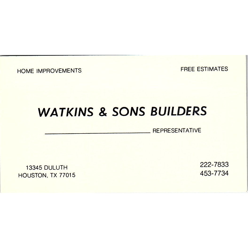 Watkins & Sons Builders Houston TX Vintage Business Card SD9-B3