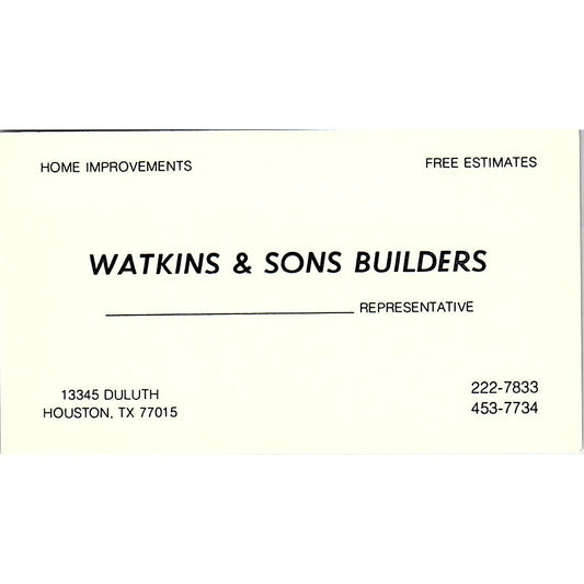 Watkins & Sons Builders Houston TX Vintage Business Card SD9-B3